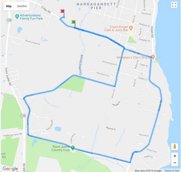 Street map of Narragansett with 5 mile route outlined.